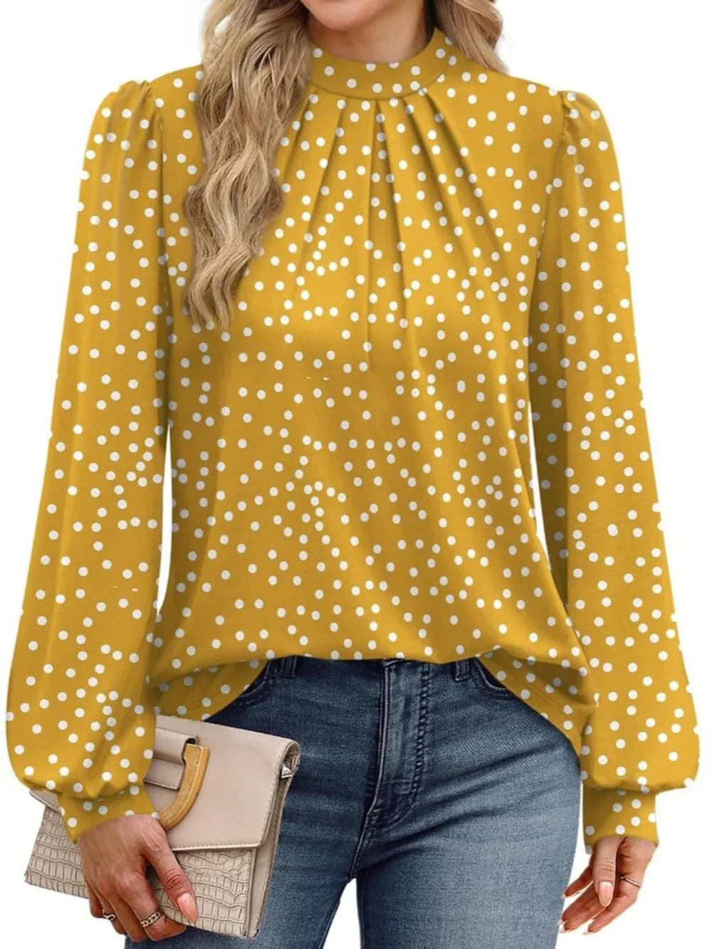 Women's Yellow Long Sleeve Shirt Pleated Front Blouses Dressy Mock Neck Top